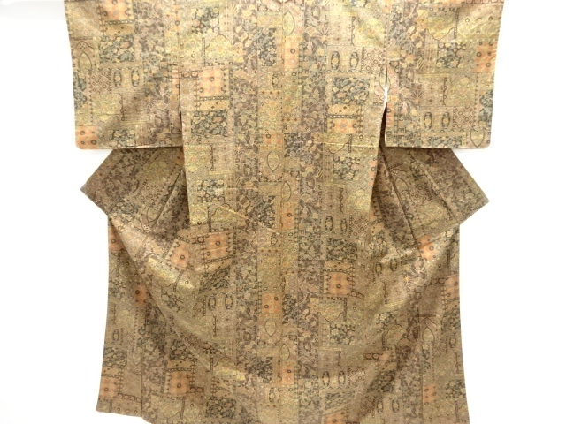 人物・花鳥更紗模様手織り紬着物